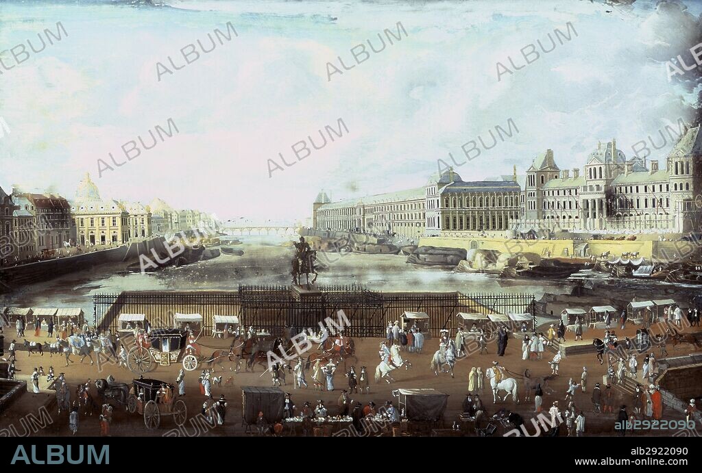 French history. Paris. View of new bridge Louvre Palace and the College of the Four Nations. Anonymous painting. 1680 French School. Carnavalet Museum. Paris.