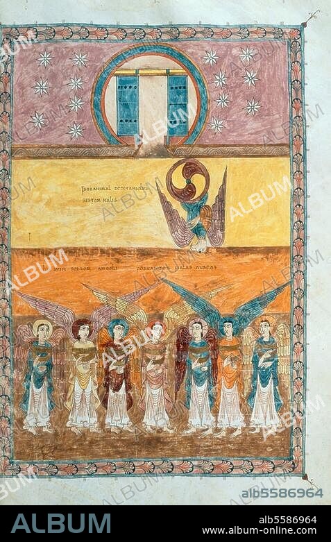 EMERETRIUS (ILLUMINATOR) und ENDE (ILLUMINATORIN). Buchmalerei, mozarabisch, Kloster S.Salvador de Tábara, Emeretrius (Mönch) und Ende (Nonne), 975. Die Engel mit den sieben Schalen des Zorns (Off. 15,5-8). Aus dem Beatus von Gerona (Beato de Liébana, In apocalypsin commentarius - Apokalypsenkommentar, 786). Auf Pergament, 400 × 260 mm. Ms. 7 (11), fol. 198 r, Gerona, Museo Capitular de la Catedral.