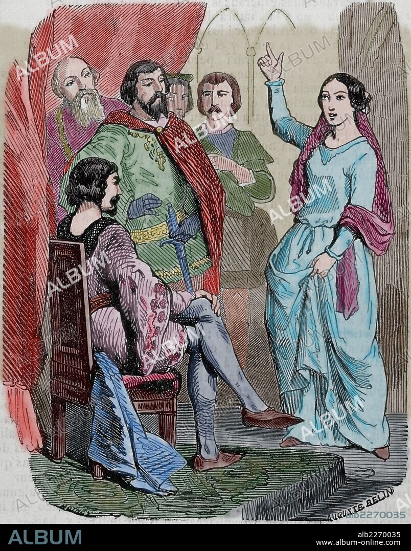 JUANA DE ARCO, Santa (Domrémy, 1412-Ruán, 1431), llamada "la Doncella de Orleans". Heroína francesa. Luchó contra los ingleses para entronizar al delfin, Carlos VII. Murió quemada en la hoguera en 1431. Fue beatificada en 1909 y canonizada en 1920. " Juana de Arco presentándose a Carlos VII". Grabado por A. Belin "Biblioteca Universal" Ediciones populares. Año 1851. Coloreado.