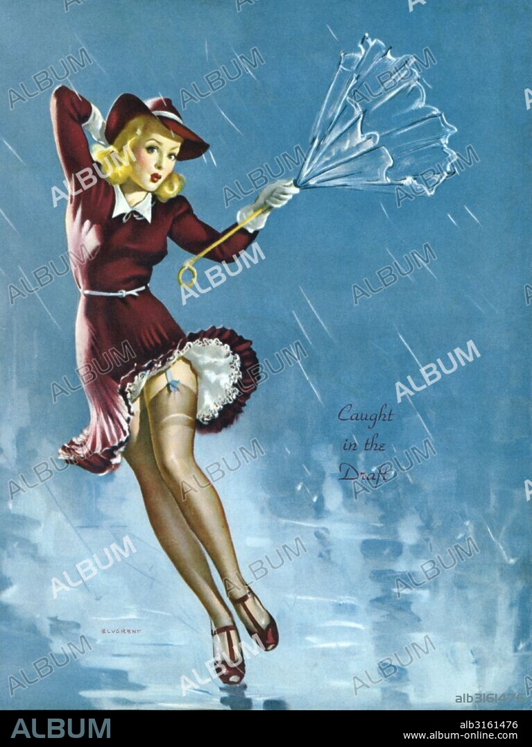 c. 1940 Caught in the Draft One of famed pinup artist Gil Elvgren's paintings.