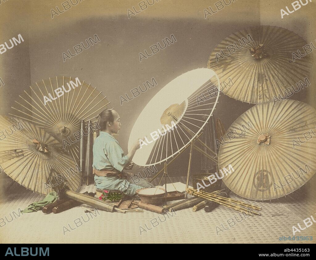 Umbrella Maker, Kusakabe Kimbei (Japanese, 1841 - 1934, active 1880s - about 1912), Japan, 1870s - 1890s, Hand-colored albumen silver print, 20.3 x 26.6 cm (8 x 10 1/2 in.).