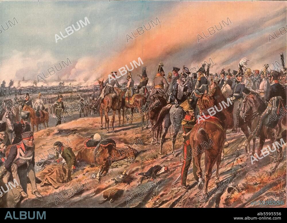 Befreiungskriege 1813-15:. Völkerschlacht bei Leipzig, 16. bis 19. Oktober 1813. "Schwarzenberg und die verbündeten Fürsten auf dem Monarchenhügel am Abend des 18. Oktober 1813.". Farbdruck nach Richard Knötel, um 1900.