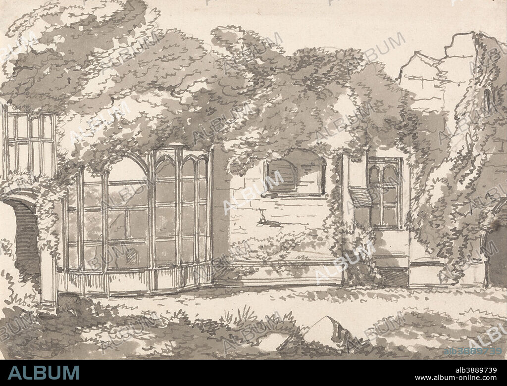 UNKNOWN ARTIST. Ruins of an ancient building overgrown with ivy. Architectural subject. Pen and gray ink and wash, over graphite, verso: ink blots and smudges on moderately thick, slightly textured, cream, wove paper. Height: 148 mm (5.82 in); Width: 208 mm (8.18 in).