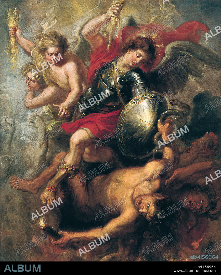 PETER PAUL RUBENS (taller). Peter Paul (taller de) Rubens (Siegen, 1577 - Amberes, 1640). San Miguel expulsando a Lucifer y a los ángeles rebeldes (hacia 1622). Óleo sobre lienzo. 149 x 126 cm.