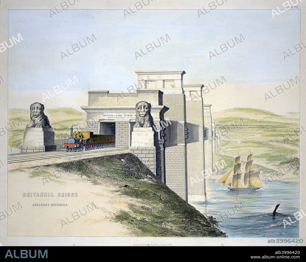 'Britannia Bridge, Anglesey Entrance', Wales, 1849. The Britannia Tubular Bridge was designed by Robert Stephenson and was completed in 1850. It was constructed to provide trains of the Chester and Holyhead Railway with a passageway across the Menai Straits from mainland Wales to Anglesey.