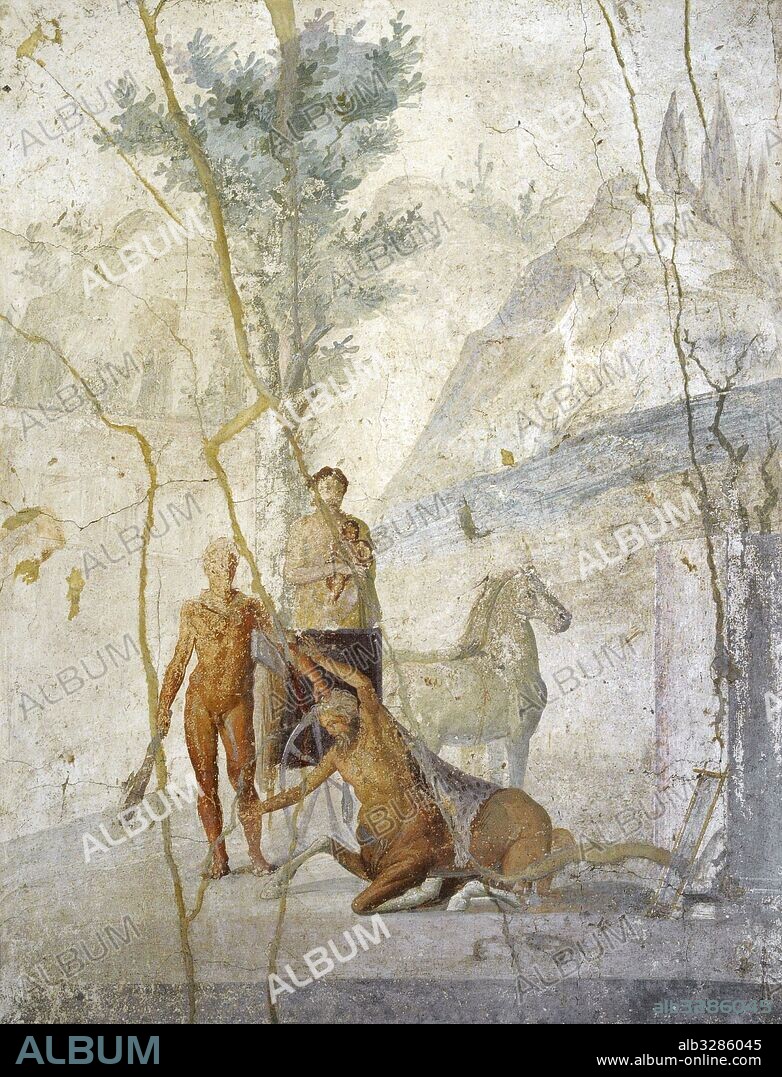 Fresco romano con la representación de Hércules agarrando al centauro Neso por el pelo. Tras ellos, Deyanira. Casa de Jasón (20-25). Pompeya. Museo Arqueológico Nacional. Nápoles. Italia.