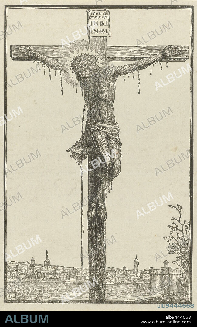 Christ nailed to the cross, blood flowing from his body in various places. In the background, the city of Jerusalem, Christ on the Cross., print maker: Ch. Cool, (mentioned on object), Antoine Sallaert, (mentioned on object), Netherlands, 1600 - 1699, paper, h 388 mm × w 250 mm.