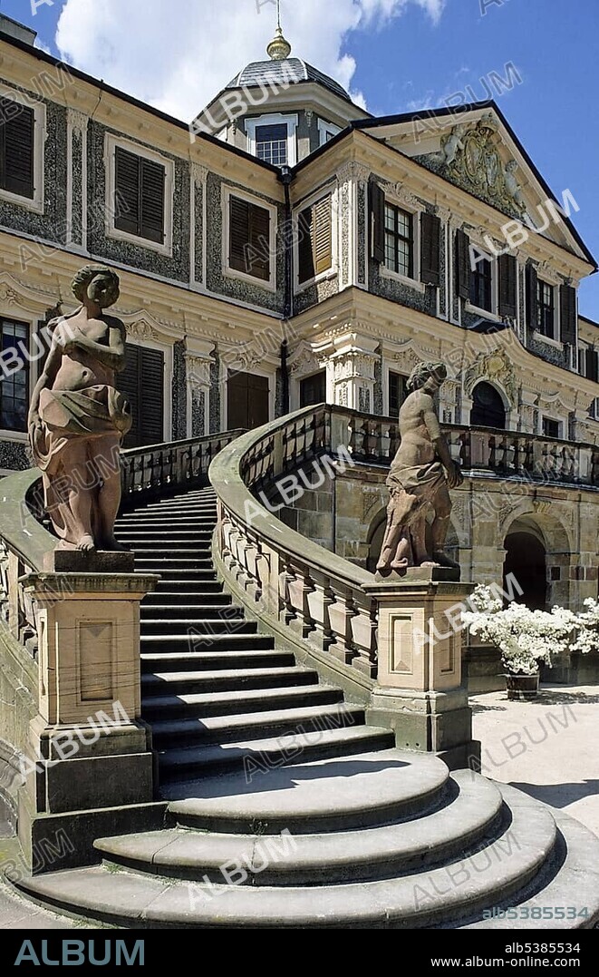 Grand staircase leading up to rear entrance to Schloss Favorite, Favourite Palace, rococo style, Rastatt, Baden-Wuerttemberg, Germany, Europe.