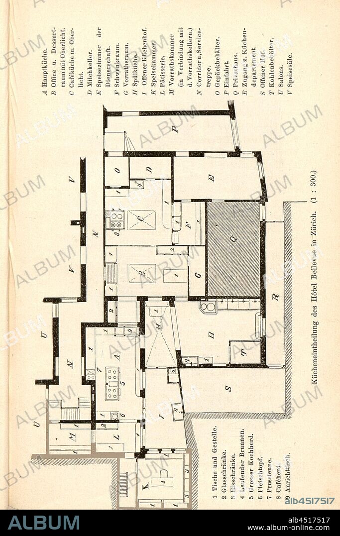 Kitchen integration of the Hôtel Bellevue in Zurich, Floor plan of the kitchen of the Hotel Bellevue in 1: 300, p. 31, Schweizerischer Ingenieur und Architekten-Verein: Zürich's Gebäude und Sehenswürdigkeiten. Beschreibung der Stadt (...). Zürich: bei Orell Füssli & Co., 1877.
