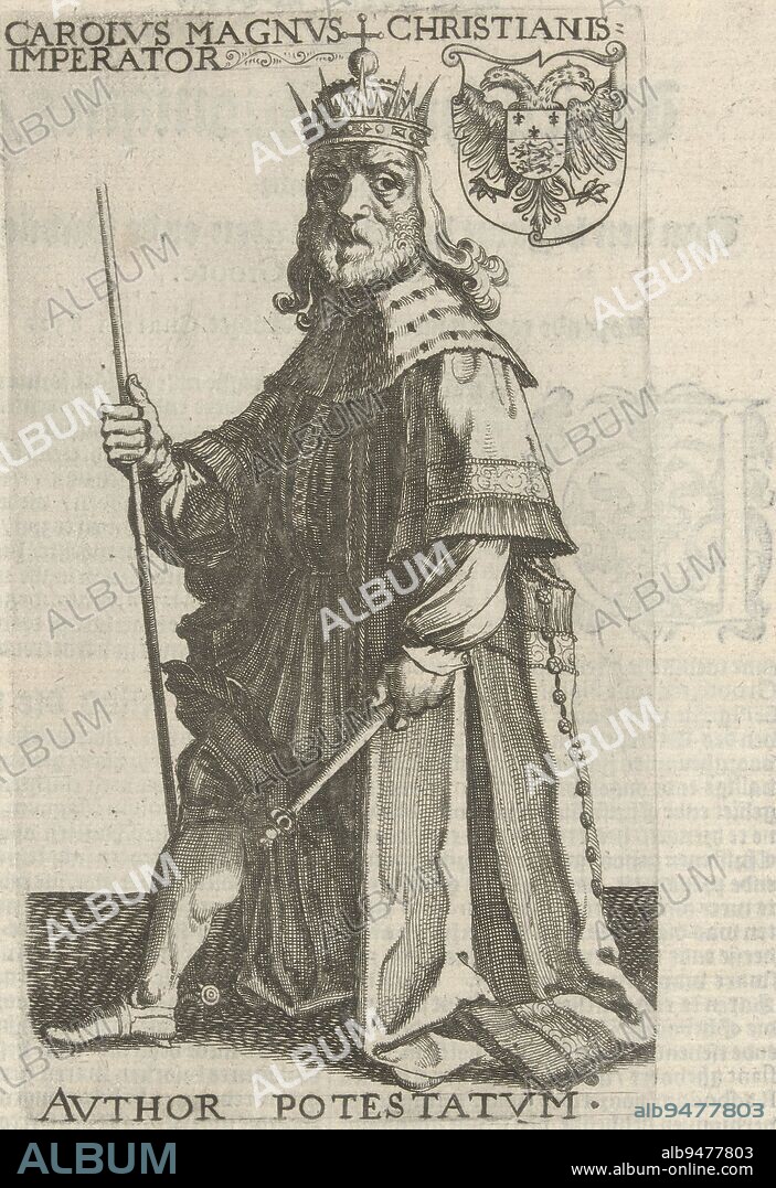 Emperor Charlemagne Carolvs Magnvs christianis imperator avthor potestatvm Frisian rulers , print maker: Simon Frisius, publisher: Jan Lamrinck, print maker: Northern Netherlands, publisher: Franeker, 1622, paper, etching, letterpress printing, h 164 mm × w 95 mm.