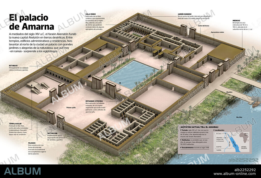 El palacio de Amarna. Infografía del palacio de Amarna, un palacio que mandó construir el faraón Akenatón en la capital Aketatón a mediados del siglo XIV a.C.