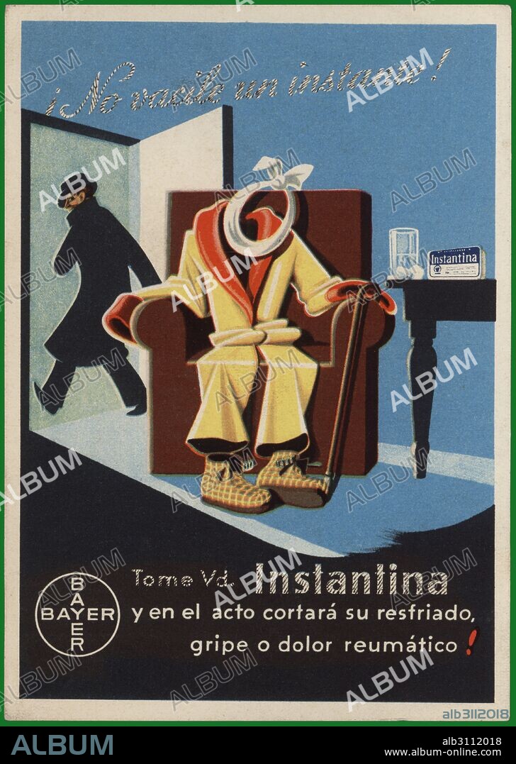 Publicidad farmacéutica de Laboratorios Bayer. Instantina, medicamento contra la gripe. Años 1940.