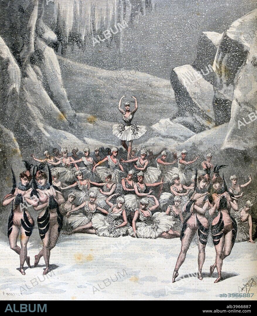 The Snow Ballet, from 'la Voyage dans la Lune' by Jacques Offenbach, 1892. Based on 'From the Earth to the Moon' by Jules Verne (1828-1905); performed at the Theatre de la Porte Saint-Martin. A print from the Le Petit Journal, 8th April 1892.