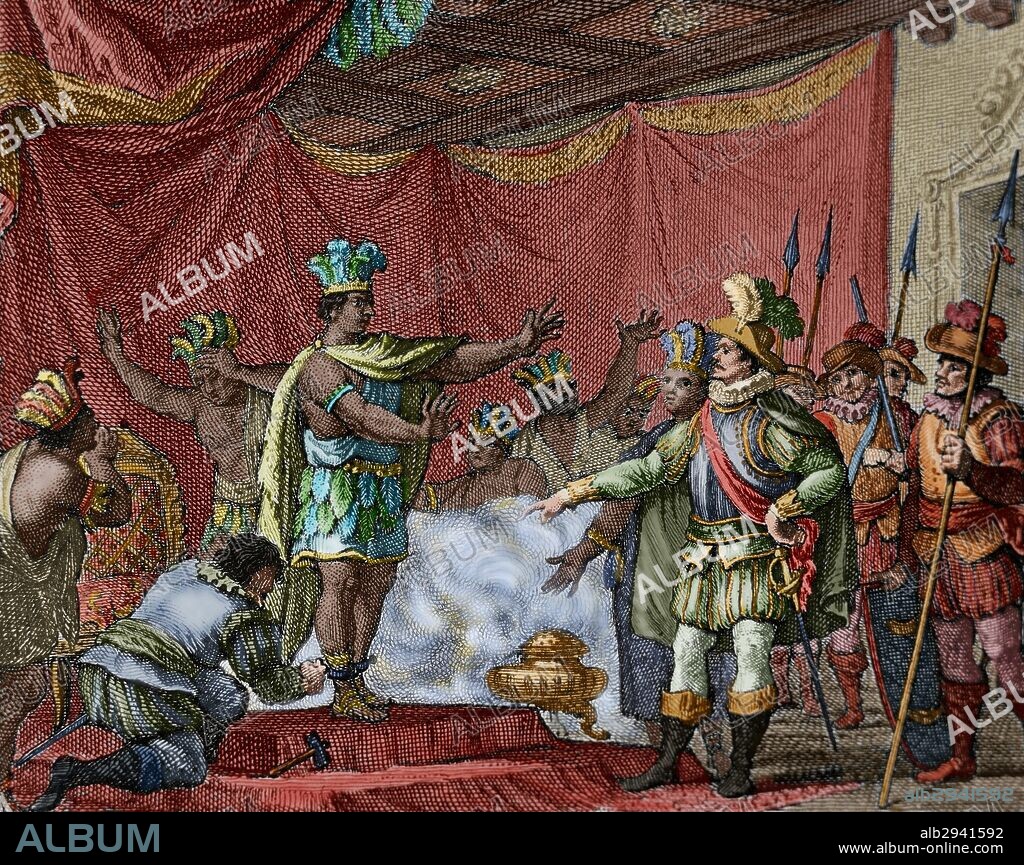 Second letter of Relation by Hernan Cortes (October 30, 1520). To punish the betrayal of Aztec hero Cuauhpopoca, Cortes took prisoner Moctezuma II. Engraving, 1807. Colored.