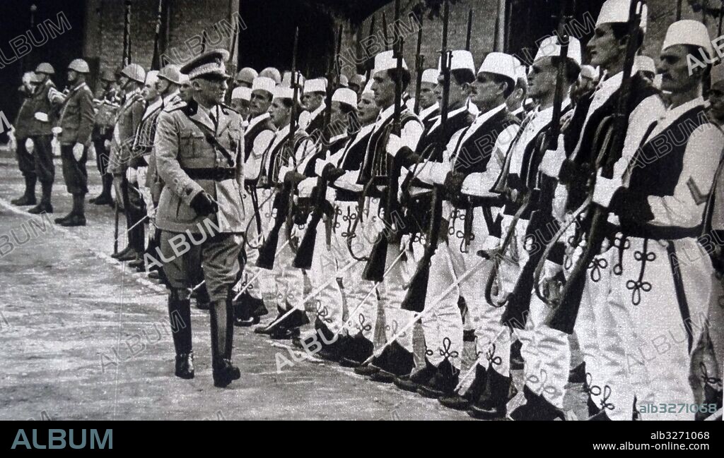 Photographic print of Italian General Alberto Pariani (1876-1955) in front of the Albanian troops. Dated 20th Century.