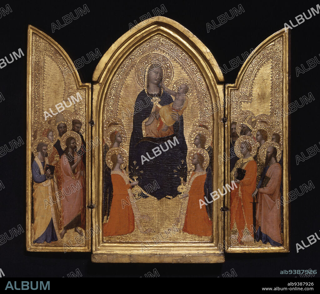 Madonna and Child with Saints (The Sterbini Triptych), attributed to the Master of San Lucchese, Italian, 14th century, Orcagna (Andrea di Cione), Italian, active 13431368, c.1345, Tempera and gold leaf on panel, Made in Florence, Tuscany, Italy, Europe, Paintings, open: 16 x 17 1/2 in. (40.6 x 44.5 cm).
