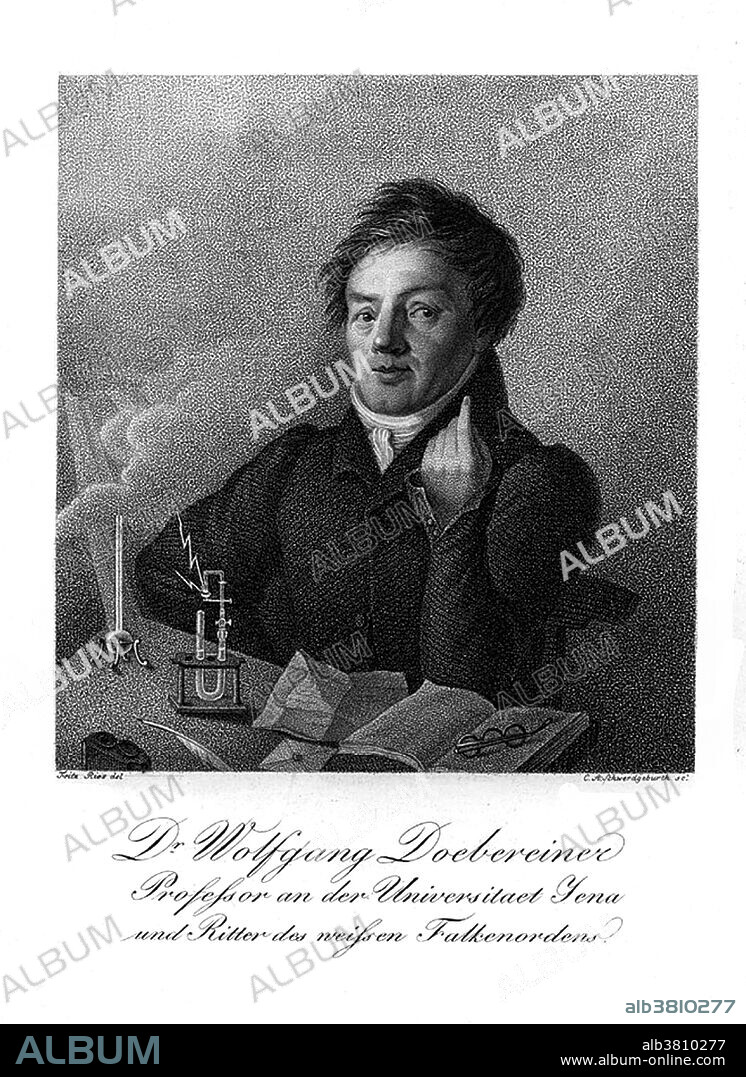 Johann Wolfgang Dobereiner (December 13, 1780 - March 24, 1849) was a German chemist. He had little formal schooling, was apprenticed to an apothecary, but attended science lectures and read whatever he could get his hands on. He eventually became a professor at the University of Jena in 1810. In 1829 he discovered trends in certain properties of selected groups of elements. The average atomic mass of lithium and potassium was close to the atomic mass of sodium. A similar pattern was found with calcium, strontium, and barium, with sulfur, selenium, and tellurium, and also with chlorine, bromine, and iodine. The densities for some of these triads followed a similar pattern. These sets of elements became known as "Dobereiner's Triads", one of the forerunners of Mendeleyev's periodic table. He is also remembered for his work on the use of platinum as a catalyst, and for a lighter, known as Dobereiner's lamp in which zinc metal reacted with sulfuric acid to produce hydrogen gas. When the valve was opened, a jet of hydrogen was released and bursts into flame. The ignition was catalyzed by platinum metal. He died in 1849 at the age of 68.