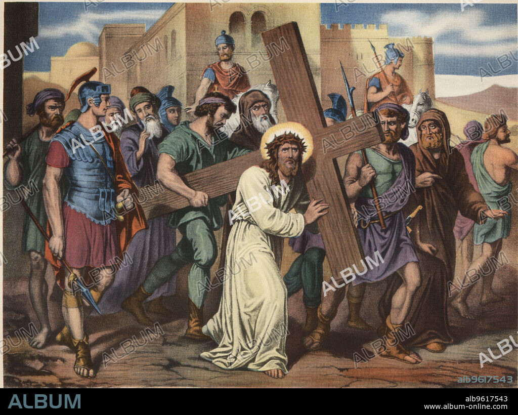 Via Crucis. Fifth station. Simon of Cyrene helps Jesus to carry the cross. Drawing by Pascual. Barsal Editions, Barcelona, 1920s.
