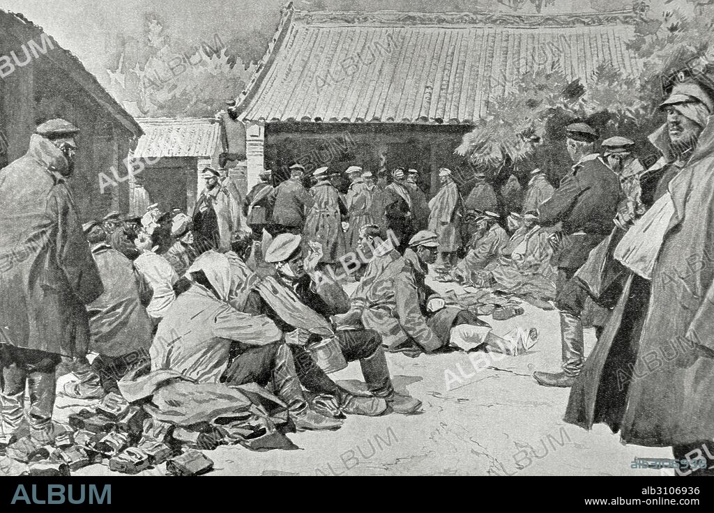 GUERRA RUSO-JAPONESA (1904-1905). Japón entró en guerra con Rusia con la finalidad de asegurarse intereses capitales en Corea y sur de Manchuria. " Heridos y convalecientes rusos en una aldea de la Manchuria" (Dibujo de Gerlach sobre una fotografía). La Ilustración Artística. Siglo XX.