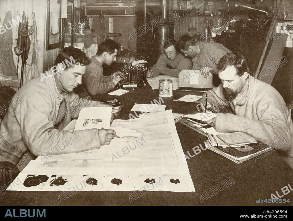 'Winter Work (Left to right - Debenham, Cherry-Garrard, Bowers, Evans, Taylor)', c1911, (1913). Geologist Frank Debenham, zoologist Apsley Cherry-Garrard, Lieutenant Henry Bowers, Petty Officer Edgar Evans and geologist T Griffith Taylor. The final expedition of British Antarctic explorer Captain Robert Falcon Scott (1868-1912) left London on 1 June 1910 bound for the South Pole. The Terra Nova Expedition, officially the British Antarctic Expedition (1910-1913), included a geologist, a zoologist, a surgeon, a photographer, an engineer, a ski expert, a meteorologist and a physicist among others. Scott wished to continue the scientific work that he had begun when leading the Discovery Expedition to the Antarctic in 1901-04. He also wanted to be the first to reach the geographic South Pole. Scott, accompanied by Dr Edward Wilson, Captain Lawrence Oates, Lieutenant Henry Bowers and Petty Officer Edgar Evans, reached the Pole on 17 January 1912, only to find that the Norwegian expedition under Amundsen had beaten them to their objective by a month. Delayed by blizzards, and running out of supplies, Scott and the remainder of his team died at the end of March. Their bodies and diaries were found eight months later. From Scott's Last Expedition, Volume I. [Smith, Elder & Co., London, 1913].