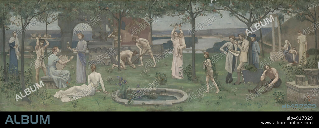 Pierre Puvis de Chavannes, Inter artes et naturam (Between Art and Nature), Pierre Puvis de Chavannes (French, Lyons 18241898 Paris), ca. 189095, Oil on canvas, 15 7/8 x 44 3/4 in. (40.3 x 113.7 cm), Paintings.
