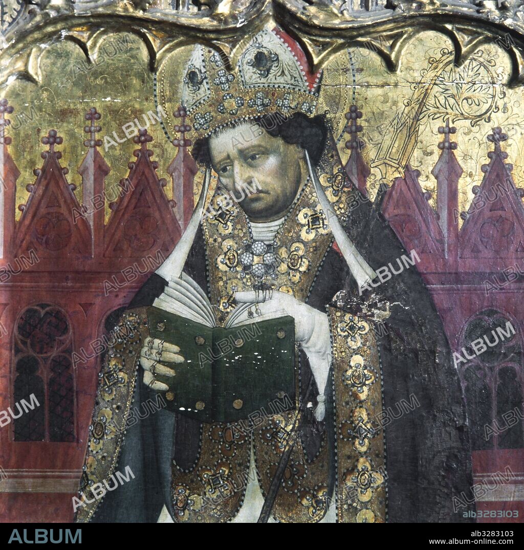 JOAN ANTIGO. Retablo de Santa Maria de l'Escala, 1437-1439. Obispo en el sotabanco. Monestir de sant Esteve de Banyoles.