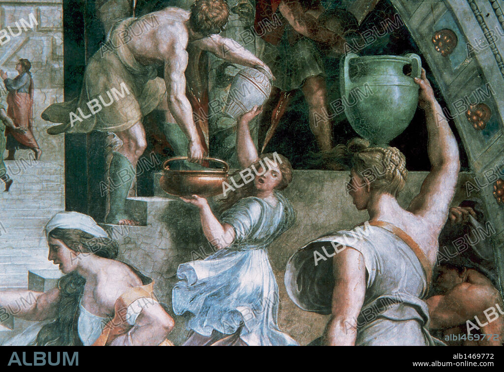 RAPHAEL. ARTE RENACIMIENTO. ITALIA. RAFAEL, Rafaello Santi o Sanzio, llamado (Urbino, 1483-Roma,1520). "INCENDIO DE BORGO". Obra encargada por el papa Julio II en 1508 para la decoración de sus Nuevas Estancias. Las pinturas fueron realizadas por G. ROMANO y sus colaboradores pero se puede apreciar la mano de Rafael en algunos personajes. Stanze di Raffaello. Vaticano.