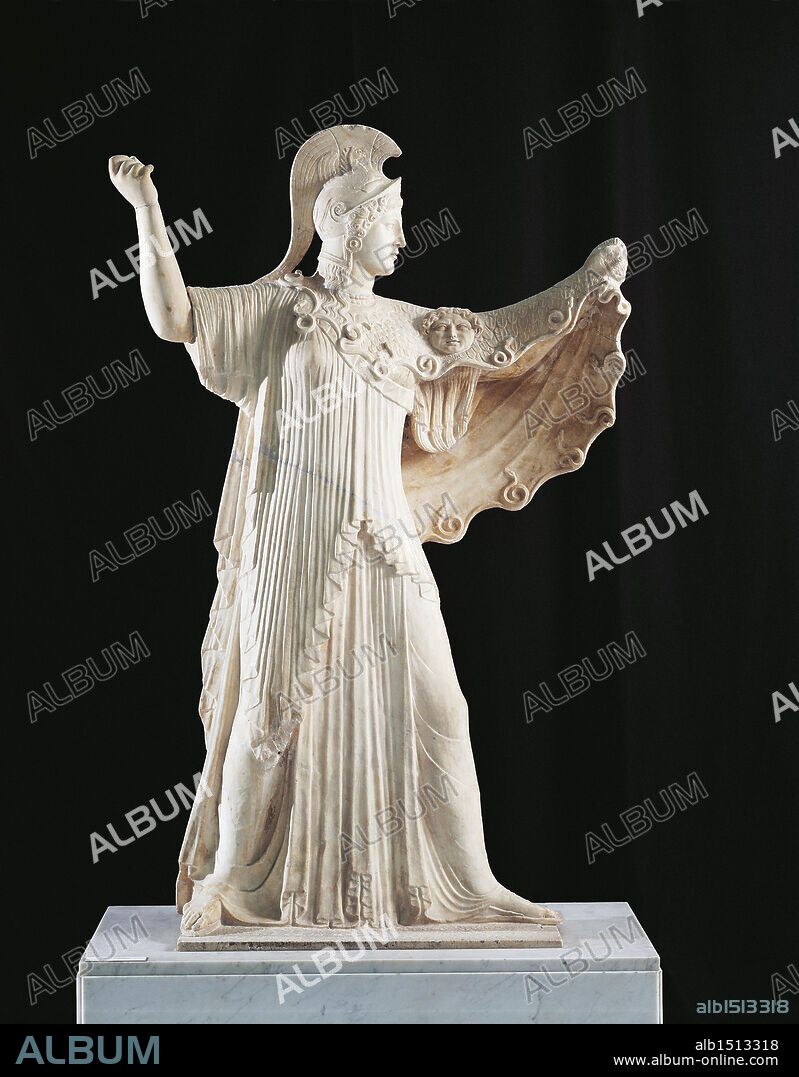 Roman civilization, 1st century b.C. Statue of Athena Promachos. From an original sculpture of the 5th century b.C. From the Villa of the Papyri at Ercolano, ancient Herculaneum, province of Naples, Italy.