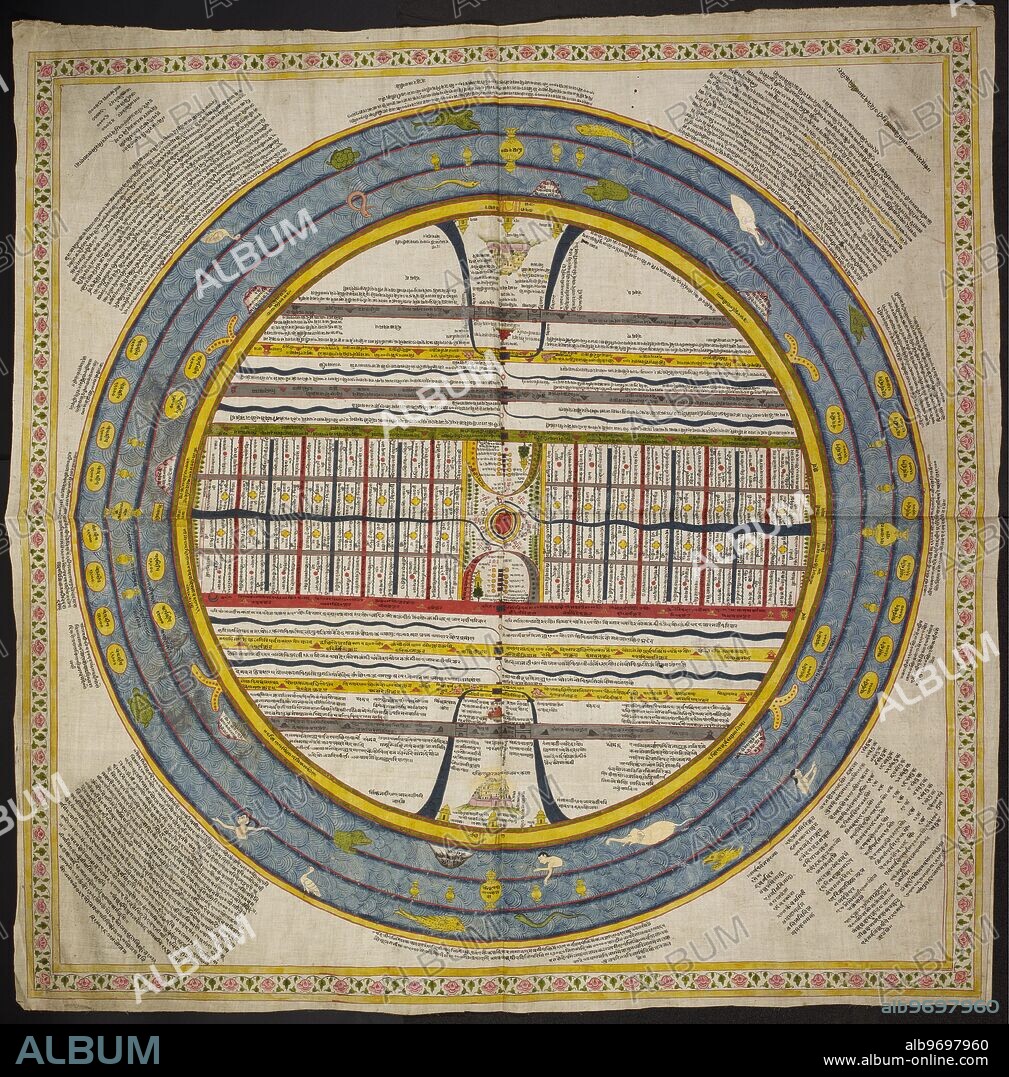 Diagram of the universe follows the tradition found in the 'Puranas', the 'Mahabharata', ancient Buddhist texts and the Jain tradition. In the centre is Mount Meru or Jambu ('Rose-apple', hence the term 'Jambudvipa', Rose-apple island', for this type of map), which is the city of Brahma or the paradise of Indra. Around the centre are the elements of the four principal quarters: the seas and ocean, the islands inhabited by man, the 'Uttarakuru' or fabulous reigions, and land-masses to East & West.