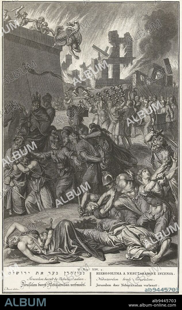 Nebuzaradan takes the gold and silver and sets fire to the temple of Jerusalem, Abraham de Blois, after Bernard Picart, 1728, Nebuzaradan takes the gold and silver and sets fire to the temple of Jerusalem. Below the image is the title in six languages., print maker: Abraham de Blois, (mentioned on object), intermediary draughtsman: Bernard Picart, (mentioned on object), publisher: Pieter de Hondt, print maker: Amsterdam, publisher: The Hague, 1679 - 1717 and/or 1728, paper, engraving, h 366 mm × w 229 mm.