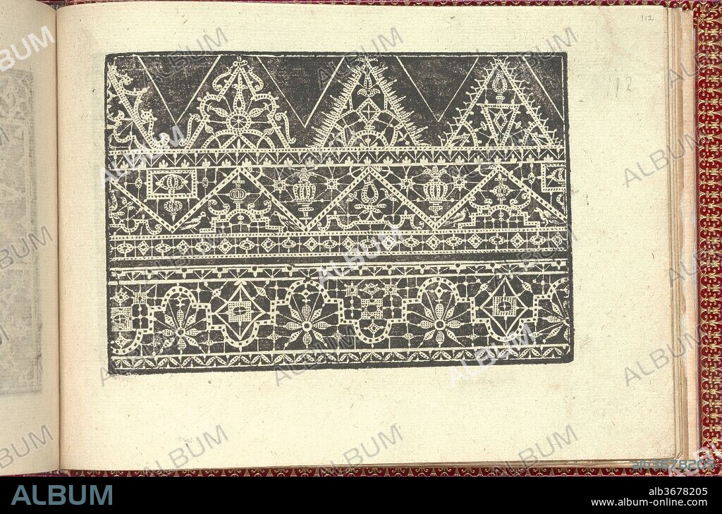 Corona delle Nobili et Virtuose Donne: Libro I-IV, page 112 (recto). Dimensions: Overall: 5 1/2 x 7 11/16 in. (14 x 19.5 cm). Published in: Venice. Publisher: Cesare Vecellio (Italian, Pieve di Cadore 1521-1601 Venice) , Venice. Date: 1601.
Published by Cesare Vecellio, Italian, Pieve di Cadore 1521-1601 Venice, Venice.
From top to bottom, and left to right:
Design composed of 3 horizontal registers. Top register is decorated with triangles that are ornamented with a different geometric pattern. Middle register is decorated with a central zigzagging line forming 2 sets of triangles that are ornamented with different patterns. Bottom register is decorated with a curving dotted line that runs horizontally through the center; illustrated on the outside of the curves are different geometric motifs and illustrated underneath the curves are flowers.