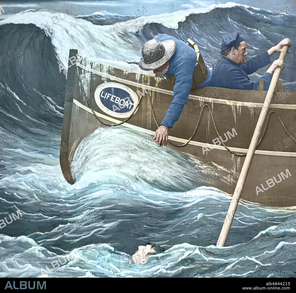 Lifeboat saving a man in rough seas  from magic lantern slide, circa 1900. A coxswain leaning over the lifeboat to help a drowning man, re-enactment in studio..