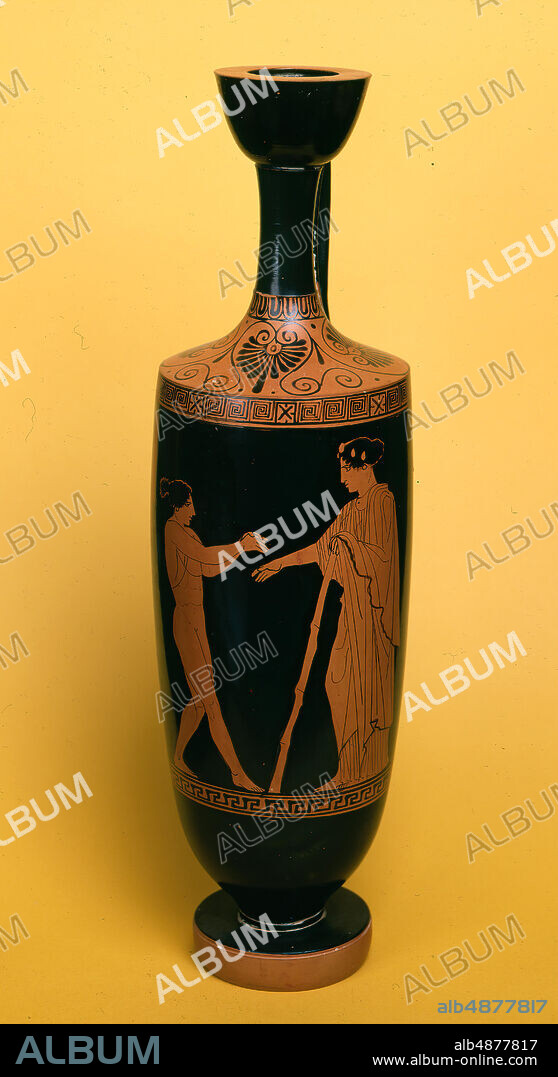Boston Phiale Painter, Attic Red-Figure Lekythos, ca. 430 BC, terracotta, 14 13/16 in. x 2 1/2 in. x 2 13/16 in. (37.62 cm x 6.35 cm x 7.14 cm), Originally designed as a perfume flask, this slender vessel is one of the highlights of the Museum's Attic vase paintings. To the left a young girl performs a dance step under the watchful eye of her teacher. The artist is the leading pupil of the renowned Achilles Painter, and was credited with introducing a more lively and human spirit into his scenes.