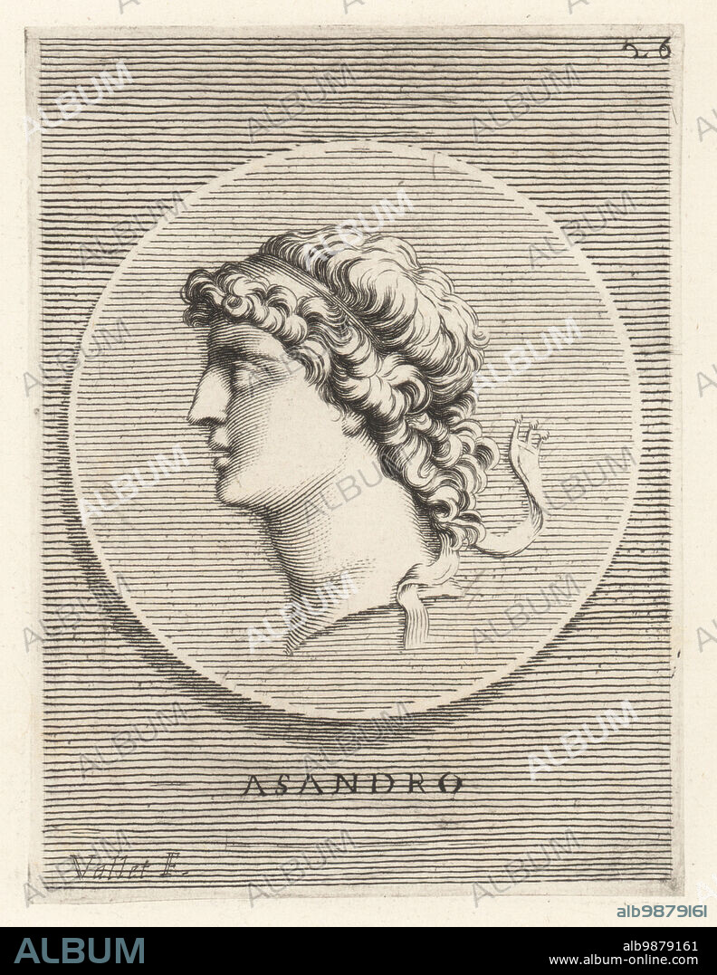 Asander, named Philocaesar Philoromaios, 110-17 BC, Roman client king of the Bosporan Kingdom. He started his career as a general under Pharnaces II, the king of the Bosporus. Head of a youth with royal diadem. From a gold stater coin in the collection of Cardinal Camillo Massimo. Asandro. Copperplate engraving by Guillaume Vallet after Giovanni Angelo Canini from Iconografia, cioe disegni d'imagini de famosissimi monarchi, regi, filososi, poeti ed oratori dell' Antichita, Drawings of images of famous monarchs, kings, philosophers, poets and orators of Antiquity, Ignatio deLazari, Rome, 1699.