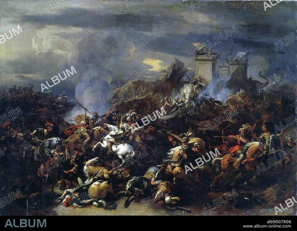 Battle between Alexander and Porus'. Meeting of the forces of Alexander the Great and the Indian Rajah Porus on the bank of the river Hydaspes in 326 BC. Nicolaes Pietersz Berchen (1620-1683) Dutch painter. Oil on canvas.