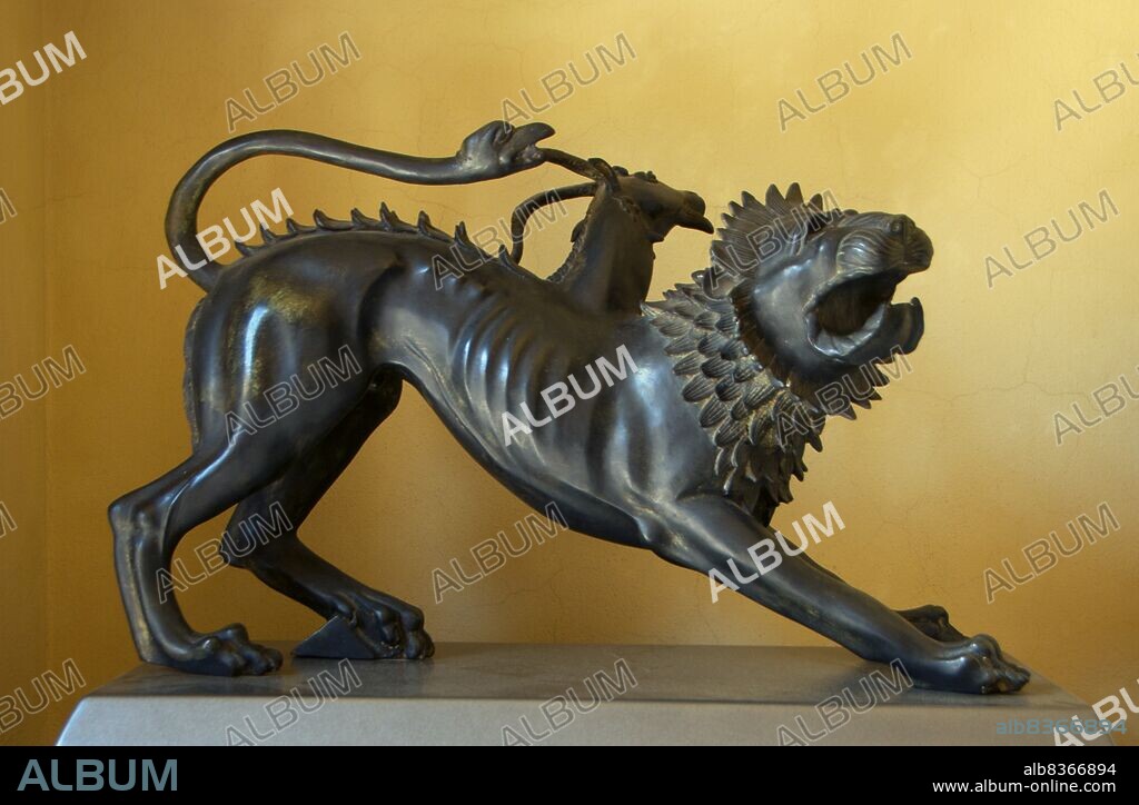 The bronze 'Chimera of Arezzo' is one of the best known examples of the art of the Etruscans.<br/><br/>. In Greek mythology the monstrous Chimera ravaged its homeland, Lycia, until it was slain by Bellerophon. The goat head of the Chimera has a wound inflicted by this Greek hero. Based on the cowering, representation of fear, and the wound inflicted, this sculpture may have been part of a set that would have included a bronze sculpture of Bellerophon.