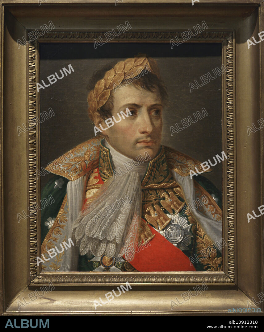 ANDREA APPIANI (1754-1817). ITALIAN PAINTER.. Napoleón I Bonaparte (1769-1821). Cónsul Vitalicio (1802) y Emperador de los franceses (1804-1815). Napoleón emperador y rey de Italia. Retrato por Andrea Appiani (1754-1817). Napoléon es representando luciendo el manto y la corona de laurel utilizadas durante su coronación como emperador en Nôtre Dame, en París. El manto muestra la insignia de gran maestre de la Legión de Honor. Oleo sobre lienzo, h. 1809-1814. Museo del Risorgimento. Milán. Italia. (En depósito, Galería de Arte Moderno de Milán).