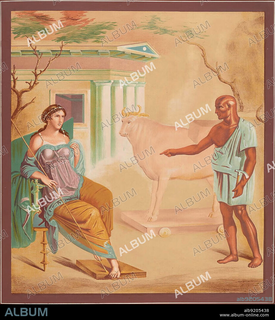 Dedale und Pasiphaë, Pasiphae, die Tochter des Sonnengottes Helios, Wandmalerei, Fresko aus dem historischen Pompeji, digital restauriert / Dedale and Pasiphaë, the daughter of the sun god Helios, wall painting, fresco from historical Pompeii, digitally restored.