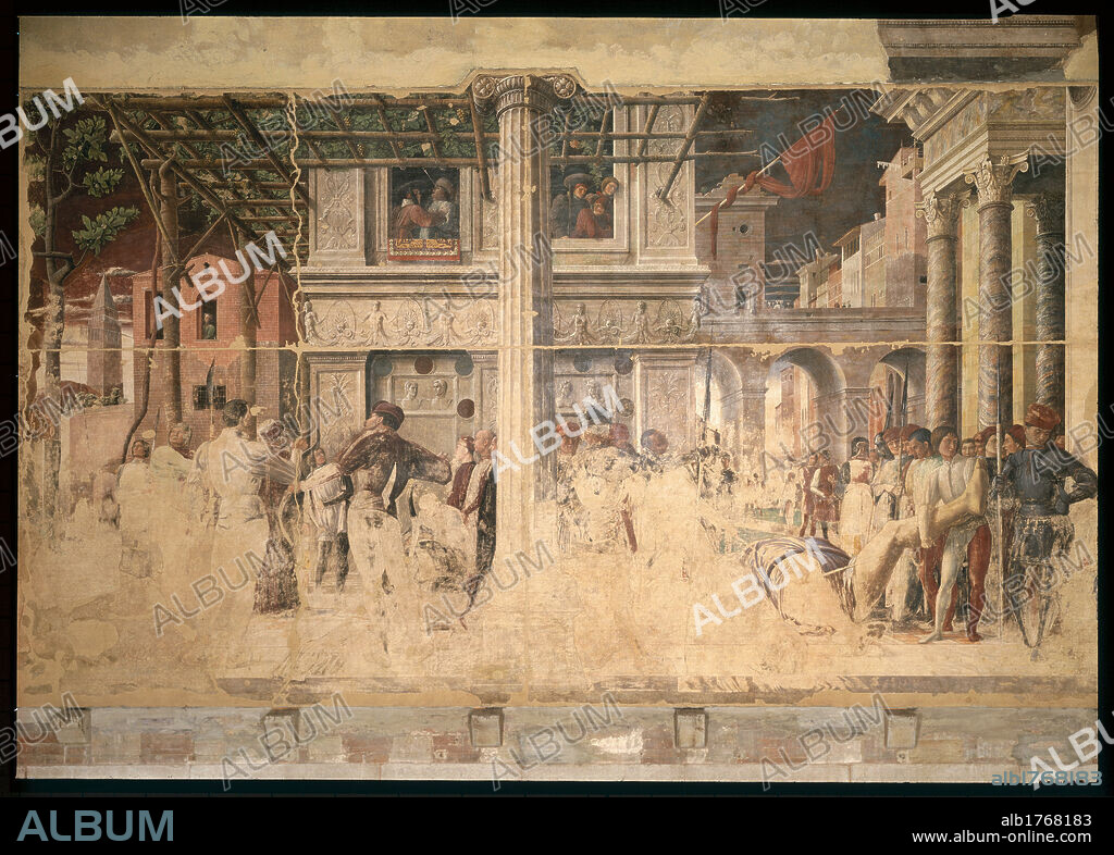 Stories of St James and St Christopher, by Andrea Mantegna, 1454-1457, 15th Century, detached fresco replaced in situ, cm 332. Italy, Veneto, Padua, Eremitani Church, Ovetari Chapel. All. The martyrdom of St Christopher and the transportation of his body.