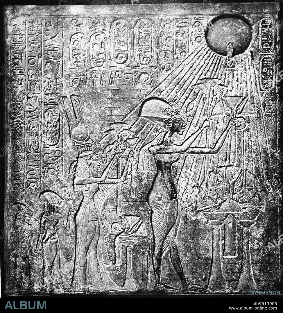 Akhenaten (Amenhotep IV) heretic Egyptian pharaoh. Relief originally in the Temple of the Sun, Thebes, showing Akhenaten with his wife Nefertiti and their two daughters offering gifts to the Sun. After he ascended to the throne in c1353 BC Akhenaten set about transforming the religion of Ancient Egypt, replacing the existing polytheism with a monotheistic cult of worshipping Aten, the god of the disc of the Sun. In addition, he decreed that Egypt's capital was to be moved from Thebes to a new site 180 miles to the north, to be named Akhetaten (modern El-Amarna). These massive upheavals generated growing opposition to Akhenaten, particularly amongst the priesthood. In c1334 BC Akhenaten died and Egypt turned its back on his reforms. The city of Akhetaten was abandoned and Egyptians returned to worshipping their traditional gods.
