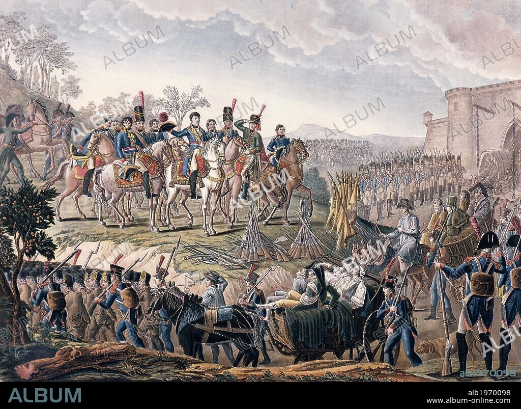 First Italian Campaign, Napoleon paying tribute to wounded Austrians in Mantua, after the Battle of Rivoli, 1797. French Revolutionary Wars, Italy, 18th century.