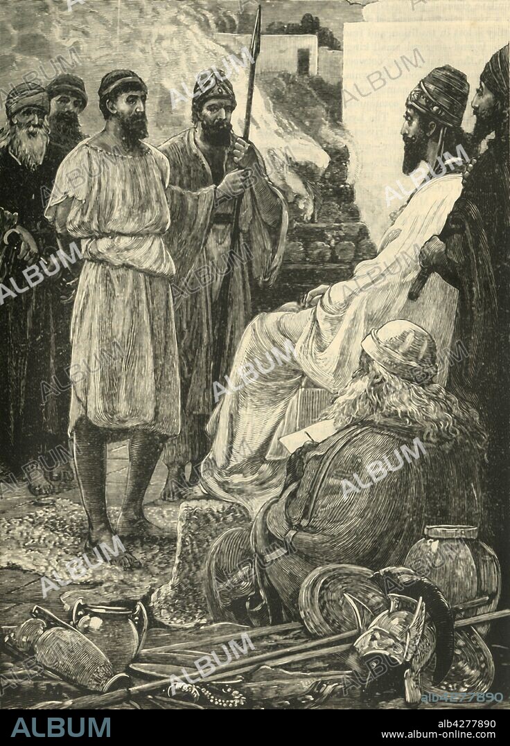'Cyrus and Croesus', 1890. Croesus, king of Lydia, reigned from 560 BC until his defeat by Persian king Cyrus the Great, founder of the Achaemenid empire in 546 BC. From "Cassell's Illustrated Universal History, Vol. I - Early and Greek History", by Edmund Ollier. [Cassell and Company, Limited, London, Paris and Melbourne, 1890].