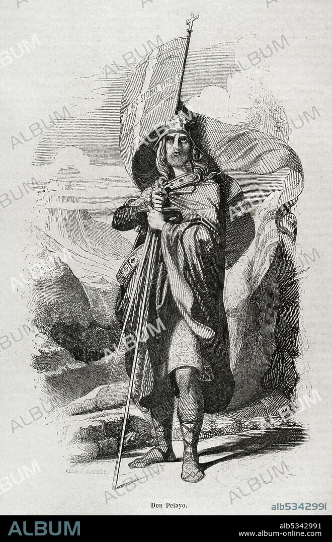 Don Pelayo (m.737). Noble visigodo, caudillo de la rebelión asturiana (718-737) contra el poder musulmán y vencedor en la Batalla de Covadonga. Primer monarca del reino de Asturias. Grabado a partir de una copia de Madrazo. Historia General de España por el Padre Mariana. Madrid, 1852.