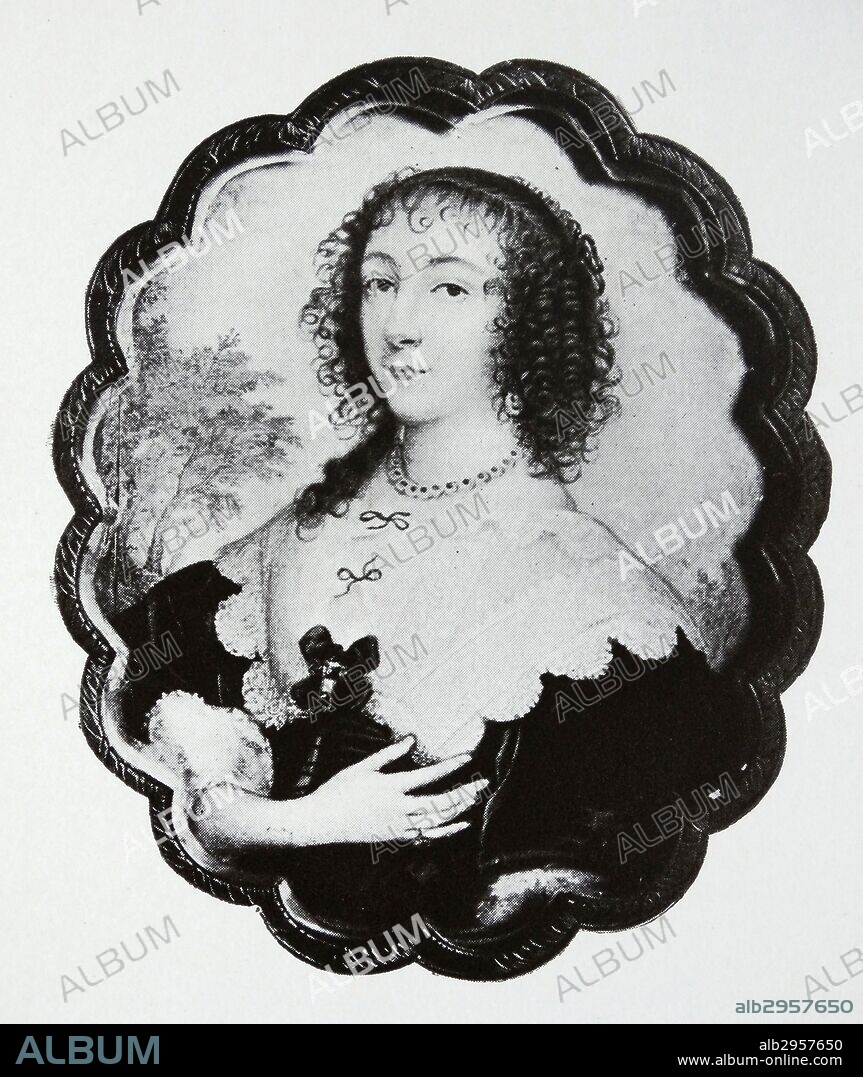 Queen Henrietta Maria of France (1609-1669). Henrietta was the youngest daughter of King Henri IV of France and Marie de Medici. Her marriage to Charles, Prince of Wales, required a special dispensation from the Pope because it was the first time that a Catholic princess had married a Protestant prince. It was a move towards an alliance between France and England against Spain. By John Hoskins the Elder (1590-1665) English miniature painter.