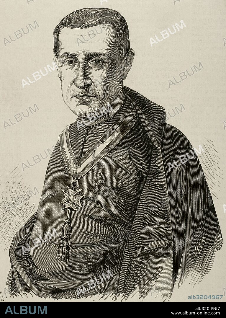 Miguel Hilarión Eslava y Elizondo (1807-1878). Sacerdote y compositor español. Grabado por Vela. La Academia, 1878. Seminario Ilustrado Universal.