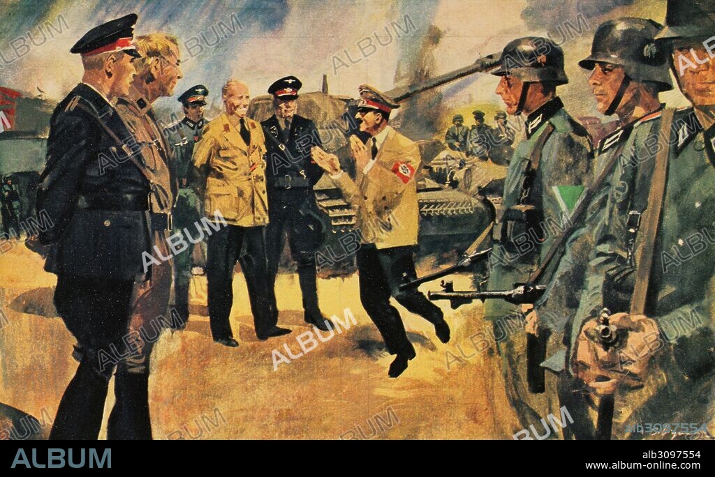 Adolf Hitler (1889-1945), leader of the National Socialist German Workers Party, improvises a speech before his Generals after the cessation of hostilities between the German Third Reich and the French government. Armistice of June 22, 1940. Design by Biffiganndi. La Domenica del Corriere.