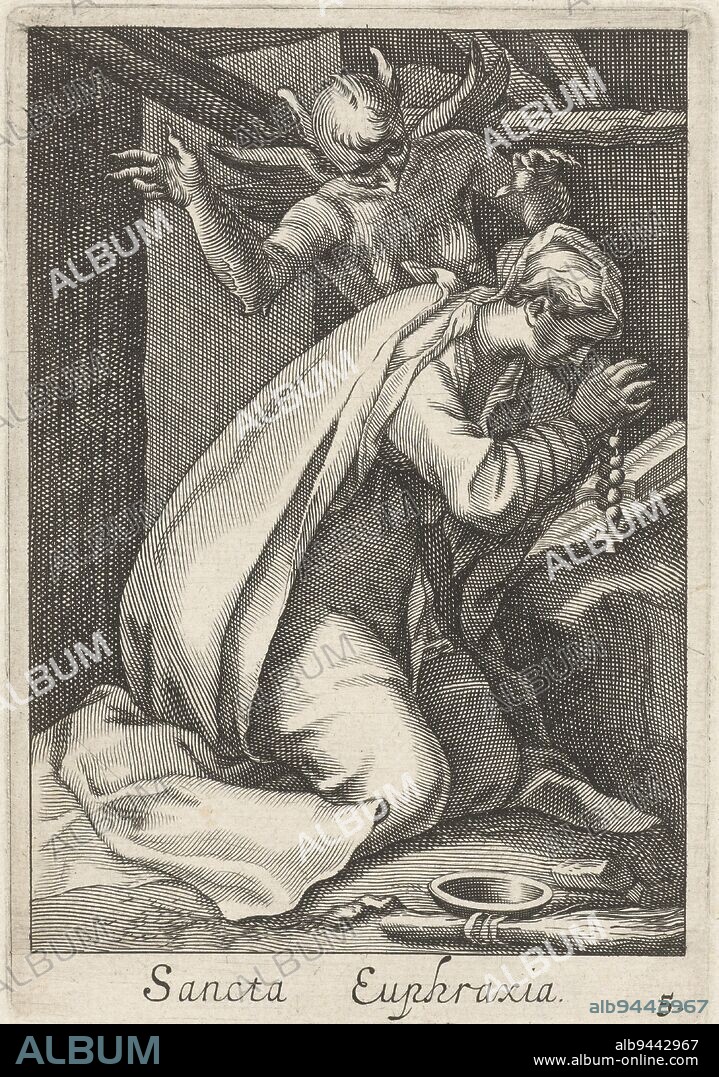 Saint Euphrasia of Constantinople as a hermit kneels in prayer in her hermit cell and is tempted by the devil, Saint Euphrasia of Constantinople as a hermit Sancta Euphraxia Hermits Sacra Eremus Ascetriarum , Boëtius Adamsz. Bolswert, Abraham Bloemaert, print maker: anonymous, 1590 - 1662, paper, engraving, h 139 mm × w 146 mm.