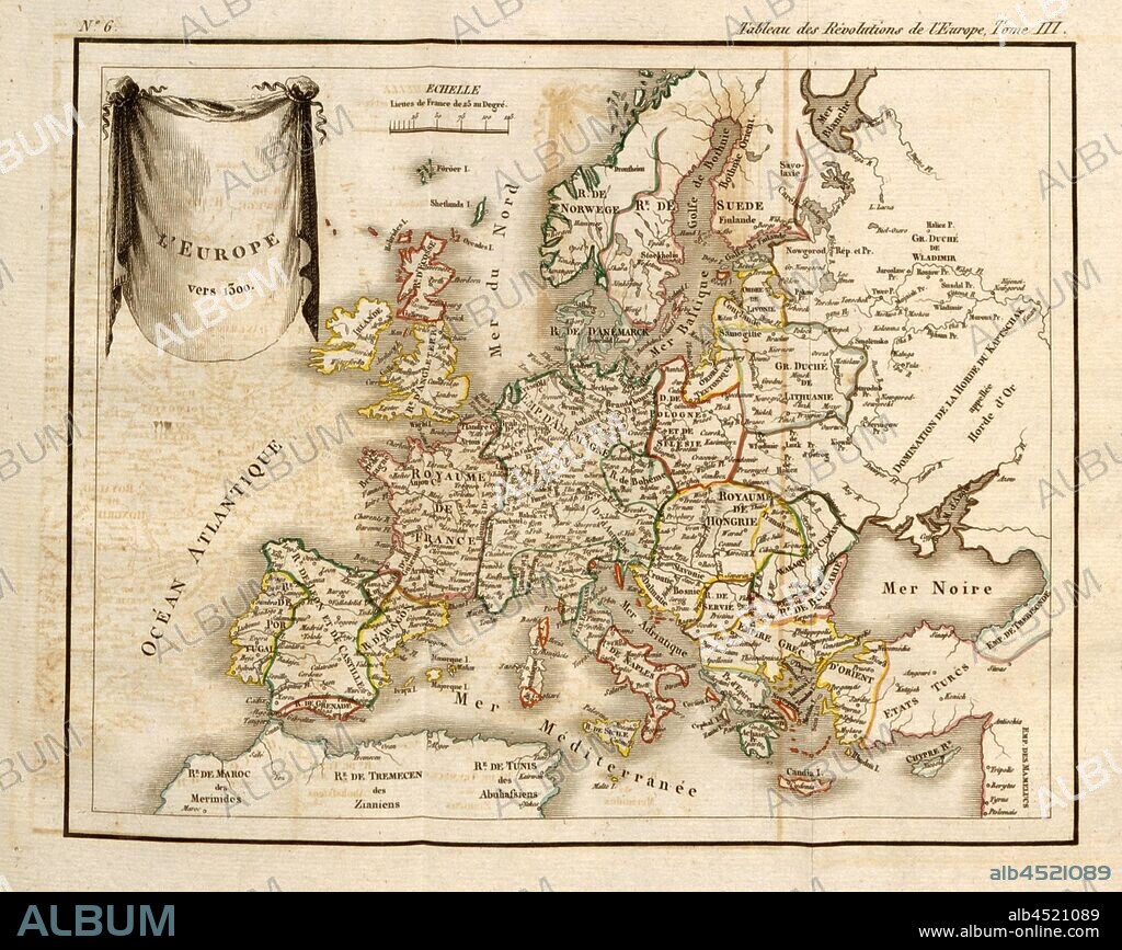 Europe around 1300, Map of Europe around 1300, signed: Cloquet sculpsit; L. Aubert scripsit, no. 6, after p. 314, Cloquet (sc.); Aubert, L. (scrips.), Christophe Guillaume Koch; Maximilian Samson Friedrich Schoell: Tableau des révolutions de l'Europe depuis le bouleversement de l'Empire Romain en occident jusqu'à nos jours. Bd. 3. Paris: Gide fils, 1823.