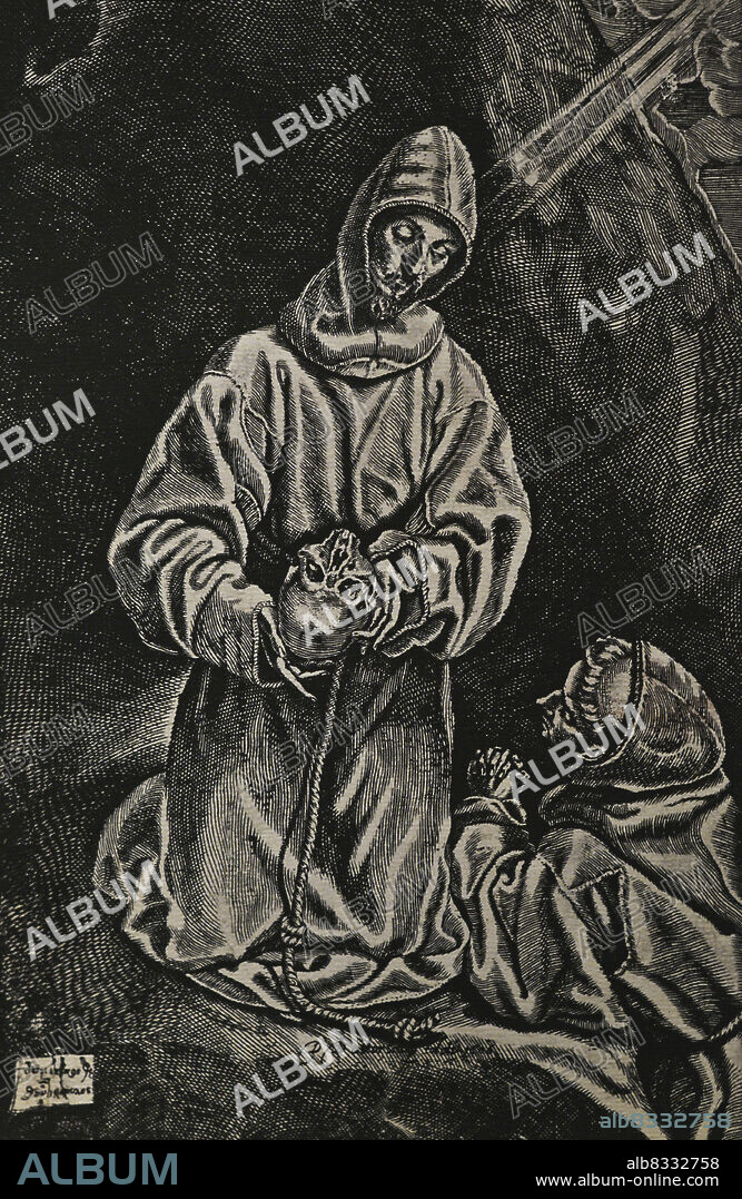 DIEGO DE ASTOR (CA. 1587-1650). FLEMISH ETCHER.. St Francis and Brother Leo. Copy of the engraving and etching done by the Flemish engraver Diego de Astor (ca. 1587-1650) in 1606. The original is housed in the Biblioteca Nacional. El Greco Museum. Toledo, Spain.