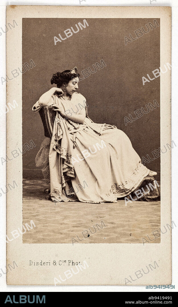 Portrait of Pauline Viardot (born Pauline Garcia, 1821-1910), mezzo-soprano and composer, in the role of Eurydice in Gluck's Orpheus., Disderi & Cie, Photographer, Maison Alphonse Giroux, Diffuseur, Between 1860 and 1890, 2nd half of the 19th century, Photography, Graphic arts, Photography, Albumen paper print, Dimensions - Work: Height: 8.5 cm, Width: 5.2 cm, Dimensions: Height: 10.5 cm, Width: 6.2 cm.